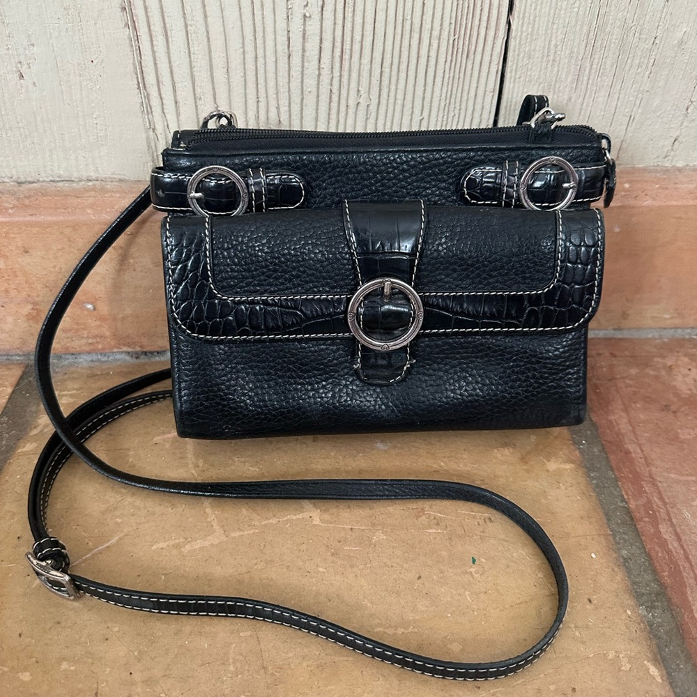 Brighton Black Pebbled & Croc-Trim Crossbody Bag‎